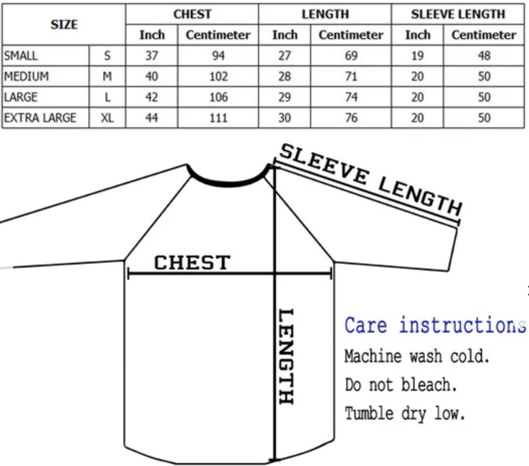 Raglan Shirt Size Chart