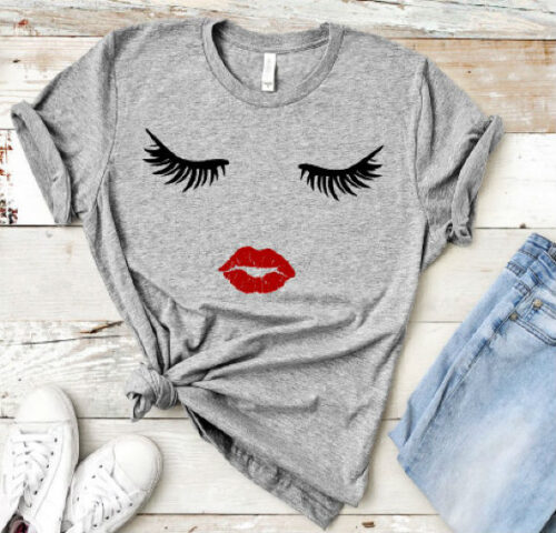 eyelashes lips t-shirt gray