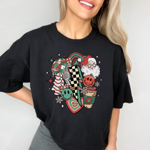 retro santa christmas black shirt