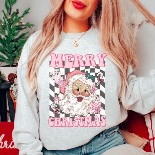 pink santa gray sweatshirt