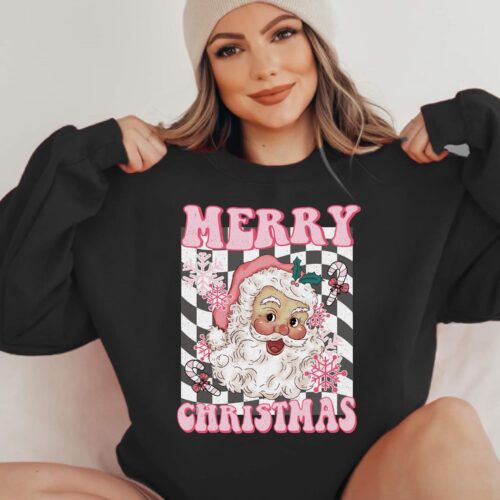 pink santa black sweatshirt