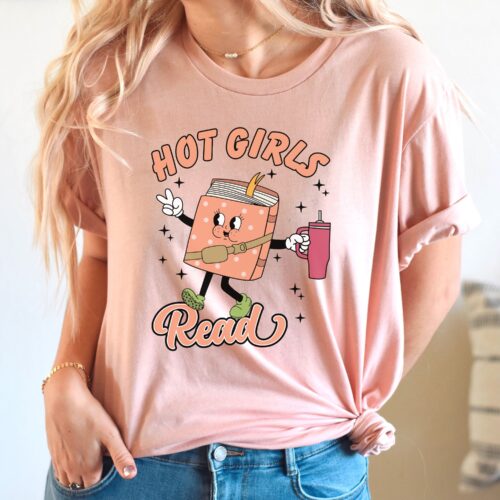 hot girls can read t-shirt peach